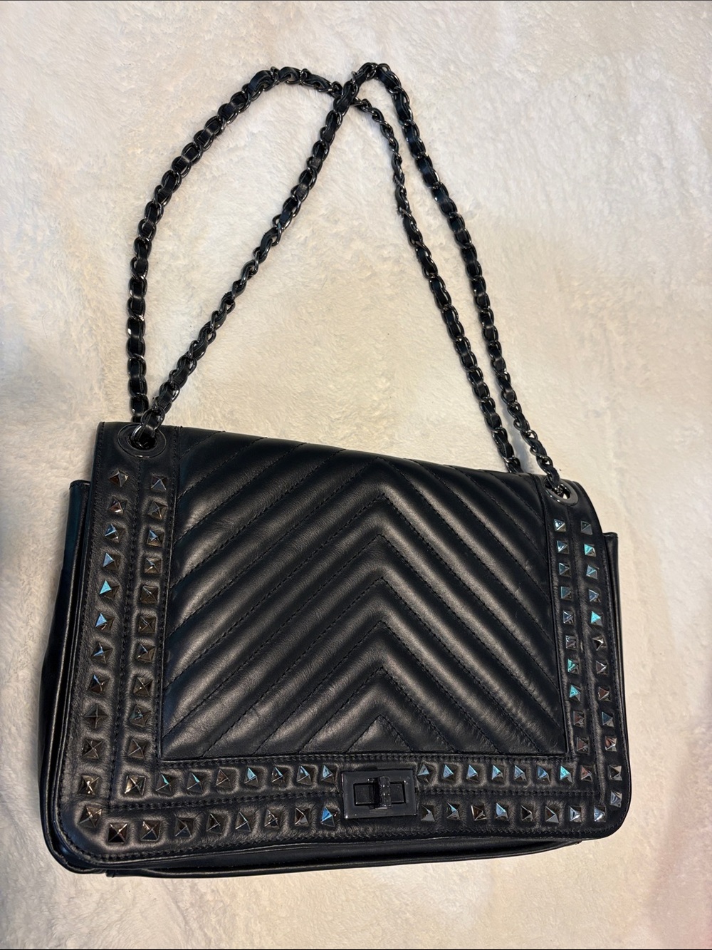 Black leather Studded Quilted Crossbody Bag - Designer - Picture 5 of 10